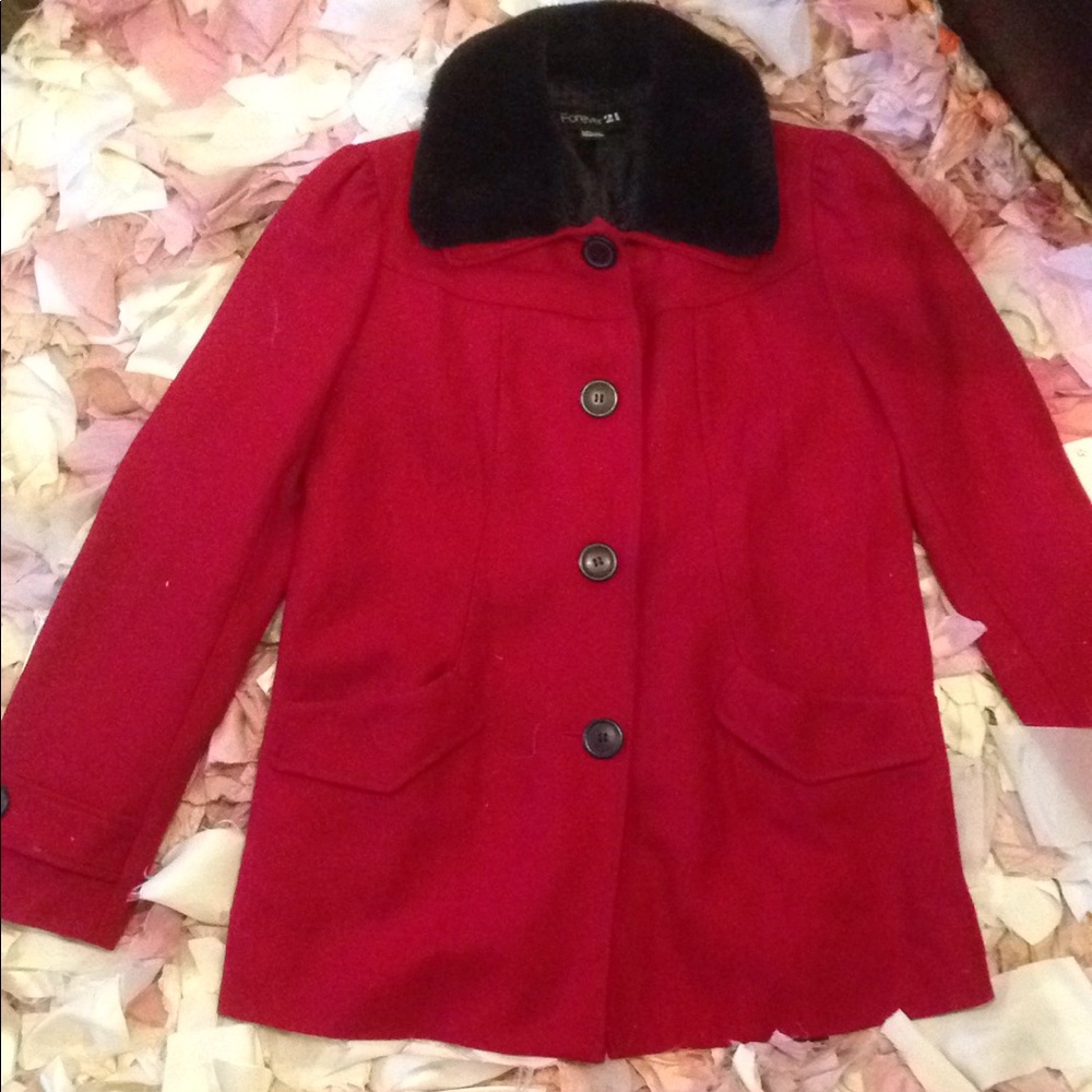Forever 21 red wool black faux fur jacket coat L